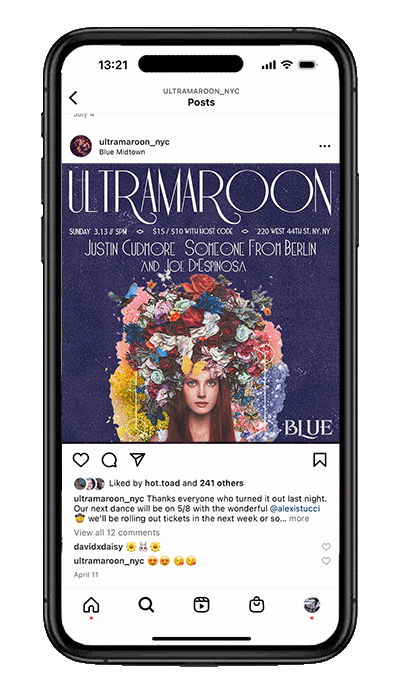 instagram feed post showing previous ultramaroon design featuring a woman with flowers on her head and ultramaroon in large text across the top with DJ names below
